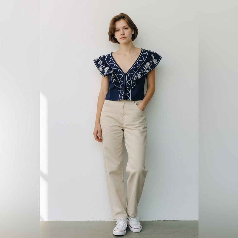 Milk + Honey Navy Embroidered Ruffle Sleeve Crop Top - L (Fits M) NWOT
